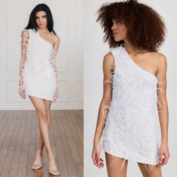 NWT Retrofête Sina Feather One Shoulder Dress in White/Silver Large - Picture 1 of 17